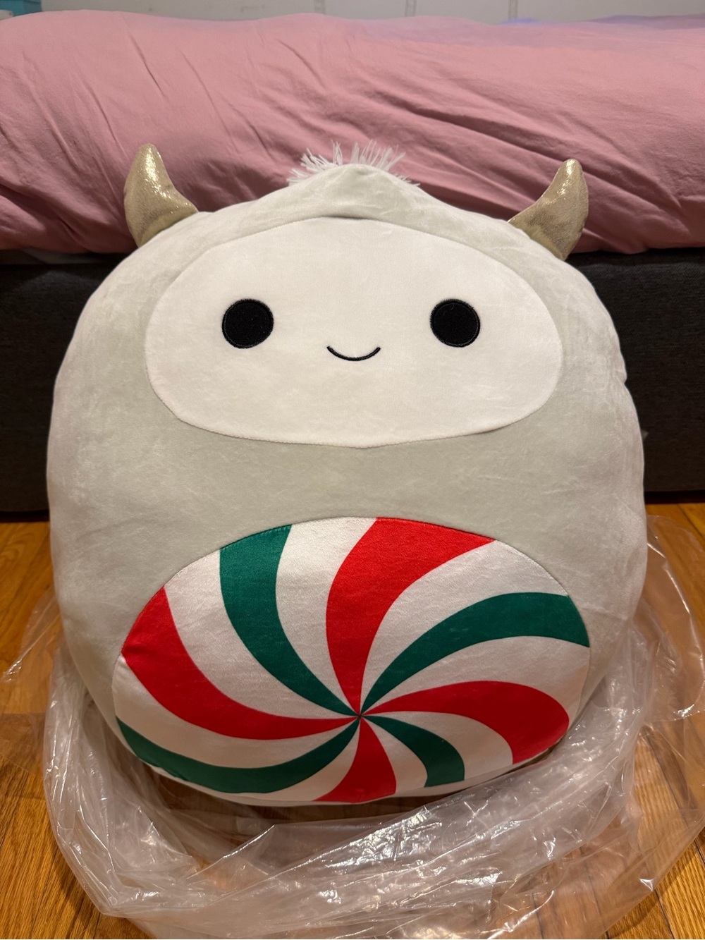 Squishmallows Gray White Plush with Red & Green Peppermint Belly and Gold Horns